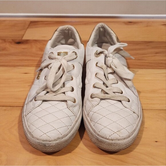 Guess White Quilted Sneakers with Gold Accents. Has some wear size 9 - Picture 1 of 4